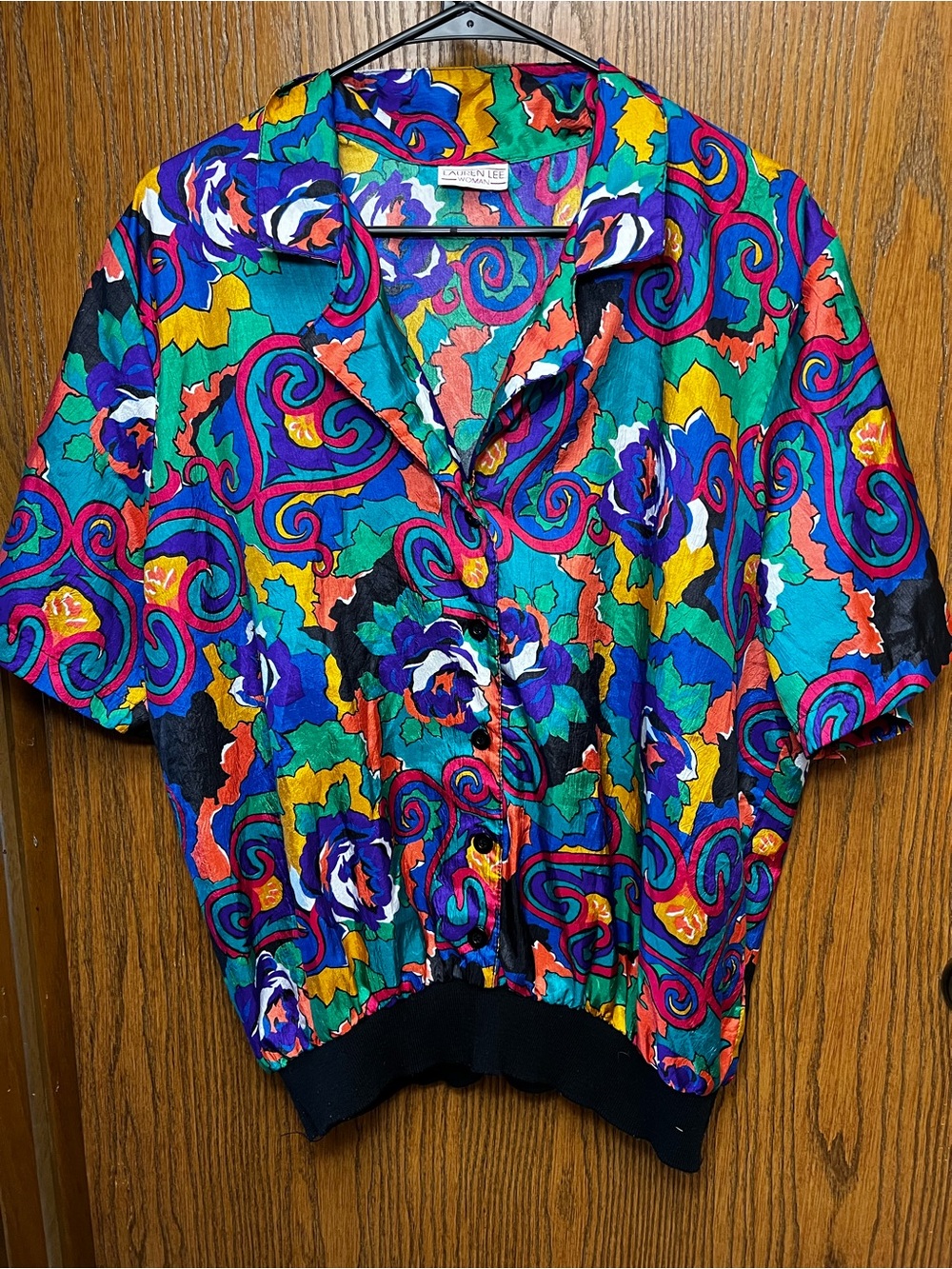 Colorful Abstract Short-Sleeve Button-Down Top by Lauren Lee - Multicolor